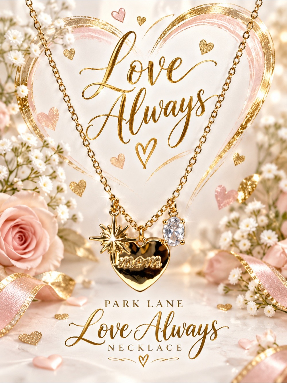 Park Lane Women’s Love Always Mom Heart Necklace Gold Crystal Charm NWT